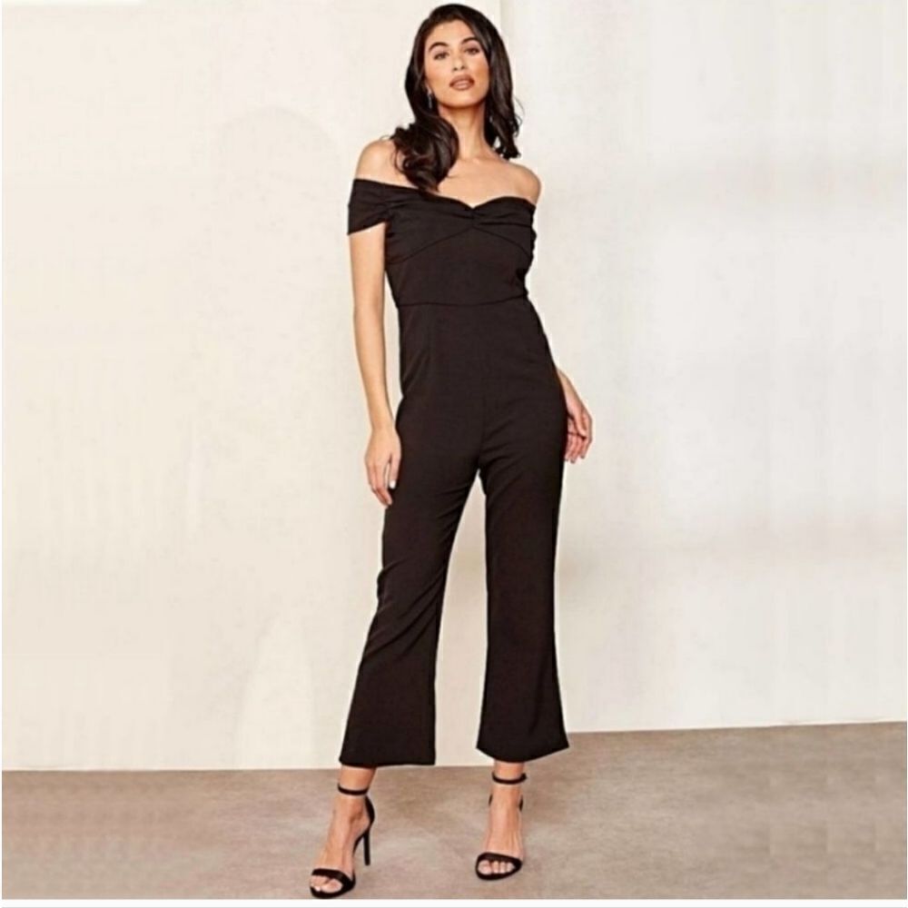 NEW Foxiedox Thea Bardot Off Shoulder Crop Jumpsuit in Black Size Medium